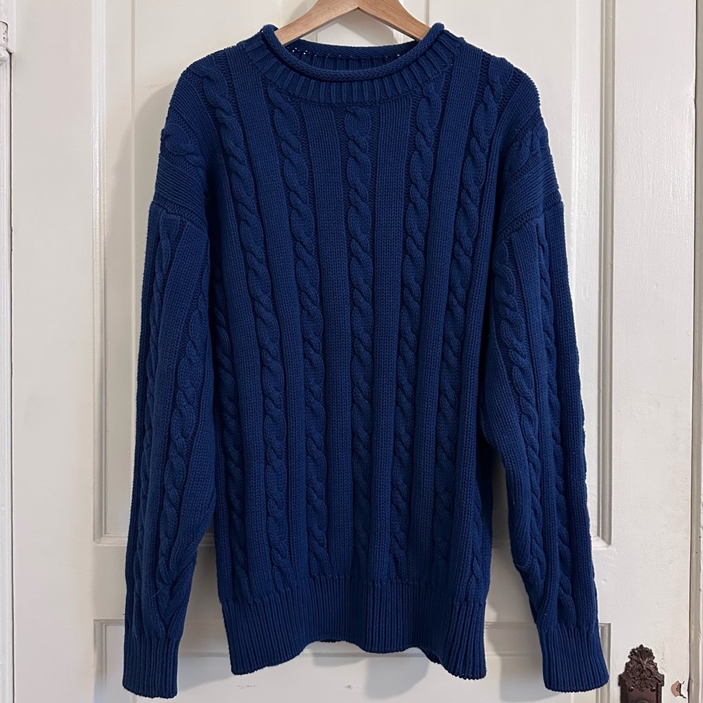 Vintage Gap Cotton Roll Neck Sweater Chunky Cable Knit Blue Size Medium